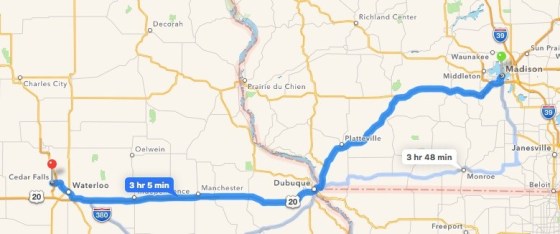 Clougherty's route from Madison, Wis. was never determined, though he was later spotted in Dubuque, Independence and Waterloo, Iowa, traveling westbound on Highway 20. (courtesy Google maps)